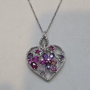 Sterling Silver 925 Multi Gemstone Amethyst & Ruby Heart Pendant Necklace 18"
